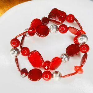 2 Vintage Bracelet Silver Tone Spacer Red Lucite Glass Shell Beaded Stretch 4709